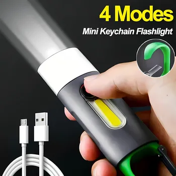 Mini hordozható LED kulcstartó zseblámpák COB C típusú oldalsó lámpa Újratölthető 4 világítási mód Zseblámpa Kültéri kemping vészjelző lámpa