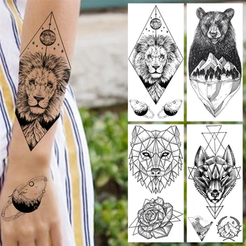 Fekete geometria Oroszlánbolygó Ideiglenes tetoválások nőknek Felnőtt férfiak Medve Virág Mountain Hamis tetoválás Body Art festés Tatoos matrica