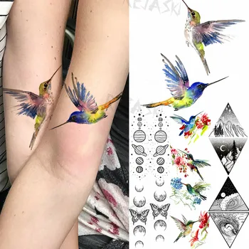 Akvarell Kolibri Ideiglenes tetoválások nőknek Lány Bolygó Pillangó Geometria Hegyi Hamis Tetoválás Testművészet Dekoráció Tatoo