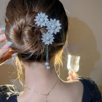 Női vintage hajtű tele gyémántvirágokkal Gyöngy rojtos hajtűk zsemle haj kiegészítőkkel Fejfedő fejdísz 2023 Új