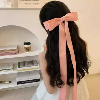 Extra hosszú masni szalagos hajtű francia fekete fehér hajcsatok nőknek Aranyos rózsaszín szalagos íj barretták Hajkiegészítők 2024