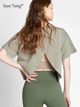 Sean Tsing® Cotton Sport pólók Női rövid ujjú hátsó osztott egyszínű pólók Alkalmi laza jóga Pilates edzés Futófelsők