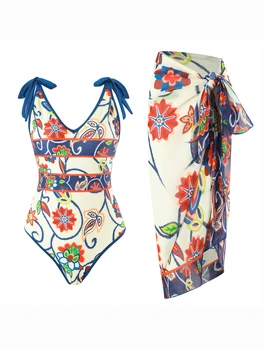 Vintage nyomott csipke fel egy darabból álló női fürdőruha 2024 divat V-nyakú hát nélküli tengerparti kirándulás Bikini csípőfóliával Takarás szoknya